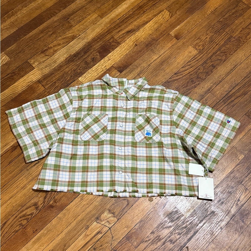 NWT Champion Cropped Flannel Station Shirt Womens Plaid Button-Up Collared XL